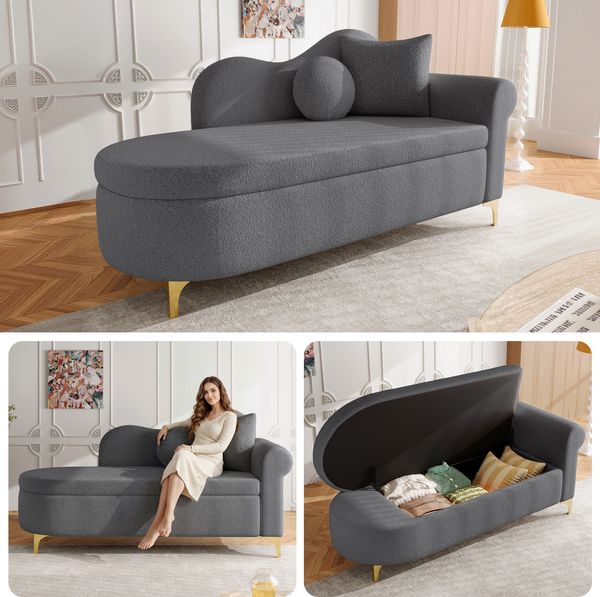 Flieks Multifunktionale Chaiselongue mit Stauraum – 134 cm, Teddyplüsch, inkl. Lenden- & Nackenkissen, Chaise Longue, Grau