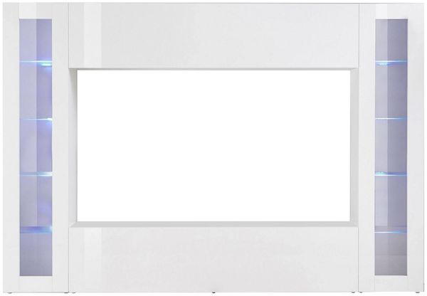 Dmora Ausgestattete Wand Amel, 4-türiges TV-Ständer-Wohnzimmerset, Mehrzweck-Wohnzimmermöbel, 100 % Made in Italy, 260 x 30 x 180 cm, glänzend weiß, mit blauem LED-Licht und zwei Vitrinen