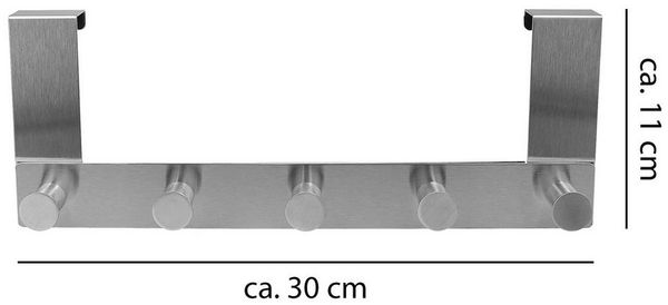 VonBueren Türgarderobe zum Einhängen Edelstahl 30 cm 5 Haken für Kleidung als Türhakenleiste, Passend für Türen mit oberem Falz bis 2 cm und etwa 2–3 mm Abstand zwischen Tür und Rahmen, Montage ohne Bohren