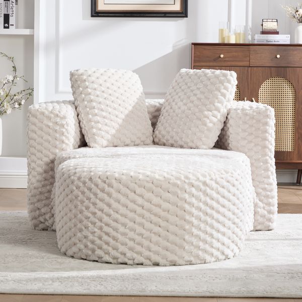 Relaxsessel 129x116x65 cm in Beige, weicher Stoff, 360°-Fassdesign mit Hocker, montagelos