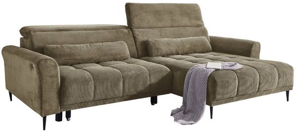 Massivart® Ecksofa Cord 277 cm / Cordsofa LOGAN / Sitztiefenverstellung / Nosagfederung, Kopfteilverstellung · Rücken echt bezogen · 2 Nierenkissen