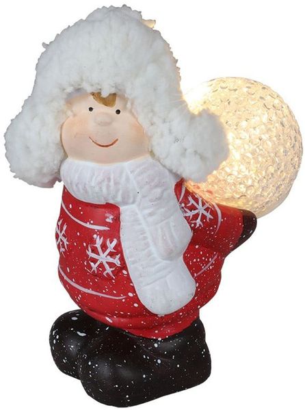 Keramik-Kinderfigur stehend mit LED-Schneeball Dekofigur Weihnachtsdeko warmweiß