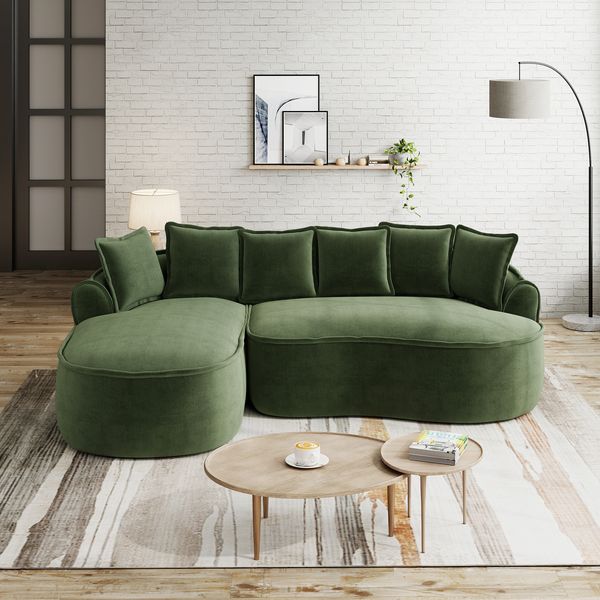 Sofa Grün aus Chenille, rahmenloses Modulsofa mit Chaiselongue, verstellbarem Sitzkissen und Schlaffunktion,67x252x164 cm
