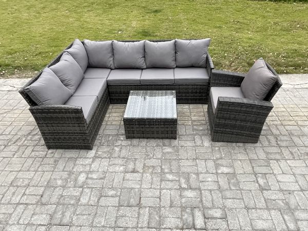 Fimous 7 Sitzer Rattan Gartenmöbel Set Ecksofa Set aus Polyrattan mit Quadratischer Couchtisch Sesselns Dunkelgrau gemischt