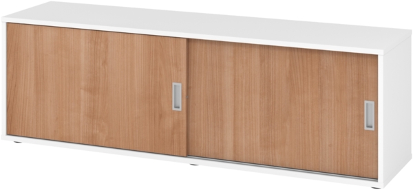 bümö Lowboard Schiebetürenschrank in Weiß/Nussbaum - Büromöbel Sideboard aus Holz, 160 cm breit, Büroschrank nur 40 cm schmal, Büro Schrank mit Schiebetüren für Ordner & Co, 1750S-W-N