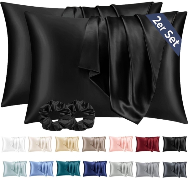 2er-Set Satin Kissenbezug 40x60 Schwarz mit Haargummis