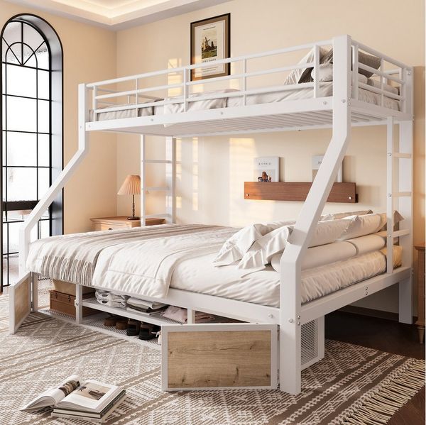 Merax Etagenbett 90x200cm & 140x200cm mit Eisenrahmen (Jugendbett Doppelbett Stockbett, 1-St), Metallbett Kinderbett mit Schuhschrank, Staufächern, Geländer & Leiter