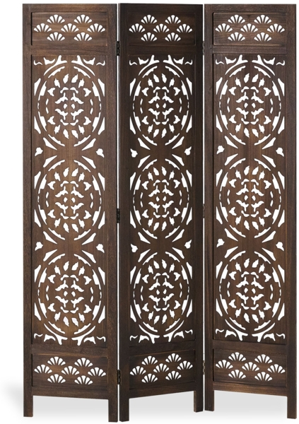 Paravent Raumteiler 3-teilig Holz Braun Ornament Design Sichtschutz Trennwand Spanische Wand