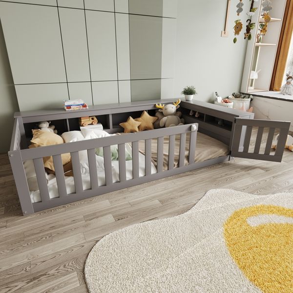 Kinderbett 90x200cm mit Stauraum und Sicherheitsgeländer,Massivholz Bodenbett mit Tür,Grau,multifunktionales Design