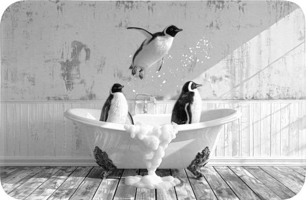 OnlyWow Badematte Pinguine - Vintage - Tiere - Schwarz - Weiß, Höhe 10 mm, Polyester, Rechteckig, Badezimmerteppich, Badteppich, Rutschfest, Badvorleger, Waschbar