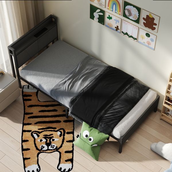 Metallbett 200 x 90 cm,Stauraum-Kopfteil mit 1 Steckdosen, 2 USB-Ladeanschlüssen