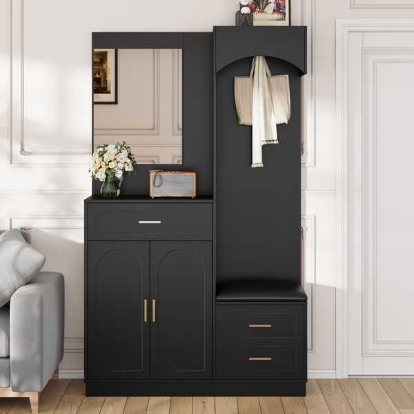 Kompaktgarderobe mit Schuhschrank, Schuhbank, Kosmetikspiegel, verstellbare Einlegeböden, MDF Schwarz, platzsparend