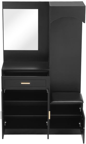 Kompaktgarderobe mit Schuhschrank, Schuhbank, Kosmetikspiegel, verstellbare Einlegeböden, MDF Schwarz, platzsparend Bild 8