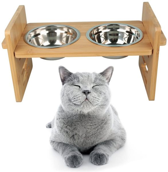 JEOBEST Futternapf Hundenapf Erhöht, Katzennapf, Einstellbare Höhe und Neigung, (Bambus, mit 2 Edelstahlnäpfen) für Hunde Katzen