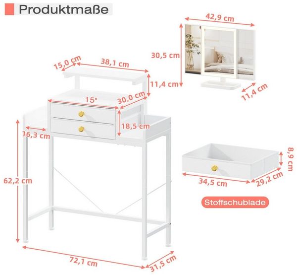 OYRREU Schminktisch inkl. 3-fach Spiegel mit Beleuchtung, Schreibtisch, Beistelltisch weiß (Schminkkommode 1-St), Kosmetiktisch, Stoffschubladen, platzsparend, Kompaktes Design