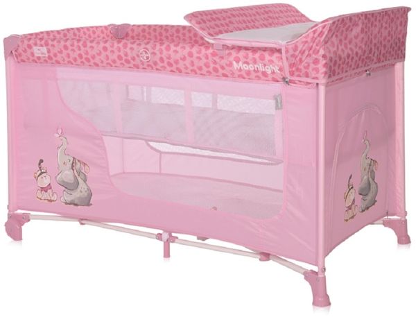 Lorelli Reisebett Moonlight zwei Ebenen, faltbar, Wickelauflage, Matratze, Räder rosa pink