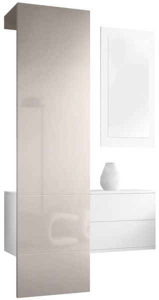 Vladon Garderobe Carlton Set 2, Garderobenset bestehend aus 1 Garderobenpaneel, 1 Schubkastenschrank und 1 Wandspiegel, Weiß matt/Sandgrau Hochglanz (105 x 193 x 35 cm)
