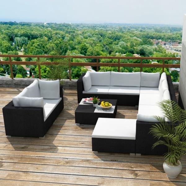 vidaXL 10-tlg. Garten-Lounge-Set mit Auflagen Poly Rattan Schwarz 41876