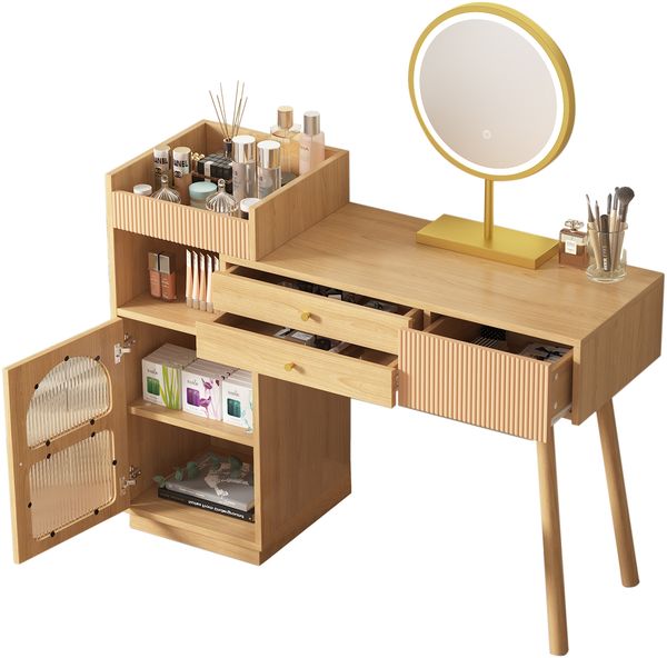 Schminktisch aus E1-Spanplatte mit verstellbarem LED-Spiegel & 3-farbiger Beleuchtung, großer Stauraum mit Schubladen & Seitenschrank, naturfarbener Kosmetiktisch für Schlafzimmer (ohne Hocker) Bild 6