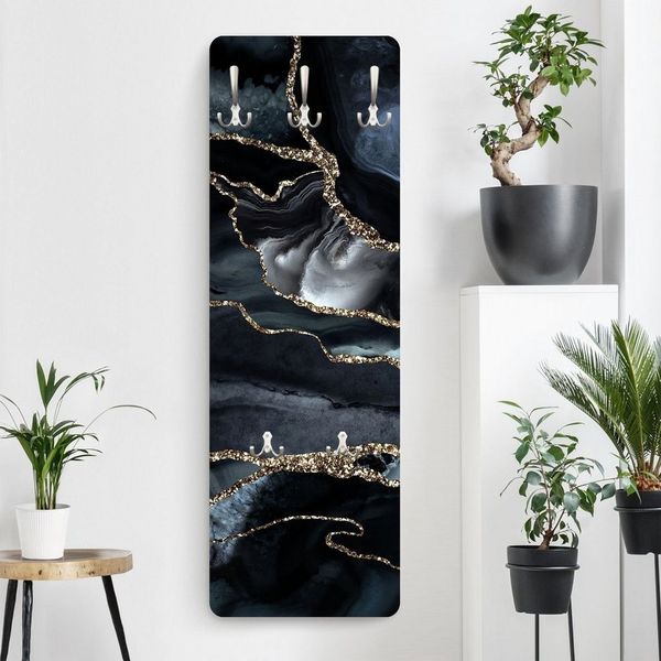 Bilderdepot24 Garderobenpaneel schwarz Abstrakt Aquarell Kunst Steinoptik Schwarz mit Glitzer Gold (ausgefallenes Flur Wandpaneel mit Garderobenhaken Kleiderhaken hängend), moderne Wandgarderobe - Flurgarderobe im schmalen Hakenpaneel Design
