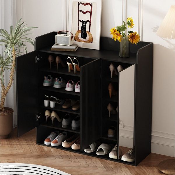 BlingBin Schuhschrank Schuhregal Schuhkipper Schuhkommode (für 16 bis 20 Paar Schuhe, 1-St, mit Spiegel, 3 Türen und Offener Stauraum) 110Lx35,5 Bx110H cm, Schwarz