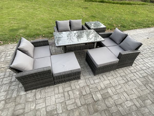 Fimous 8 Sitzer Polyrattan Gartenmöbel-Sets mit Länglicher Esstisch Doppelsitzsofa 2 Großer Hockern Beistelltisch Dunkelgrau gemischt