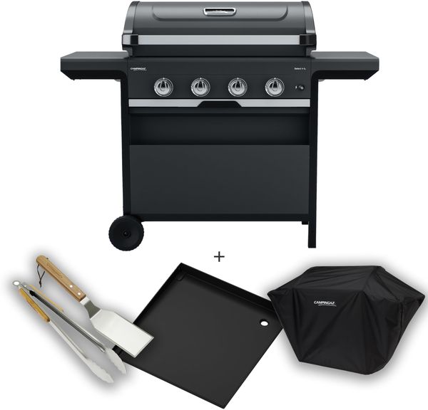 Campingaz Gasgrill 4 Series Select L Grillset mit extra Grillplatte, Abdeckung & Grillbesteck, BBQ Gas-Grillwagen mit 4 Edelstahlbrennern, Deckel mit Thermometer, InstaClean, 12 kW Leistung