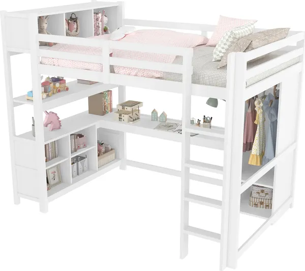 Hochbett mit Lattenrost, Trittleiter, Regal, Kleiderschrank und Schreibtisch, 140x200 cm, Kinderbett mit Rausfallschutz, Kiefer