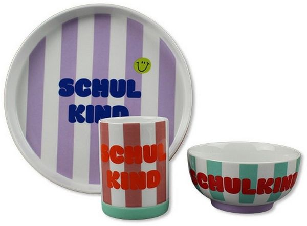 Ava & Yves Kindergeschirr-Set Porzellangeschirr-Set Schulkind 3-tlg Becher Teller Schale Silikonring