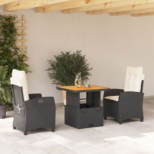 vidaXL 3-tlg. Garten-Essgruppe mit Kissen Schwarz Poly Rattan 3277373