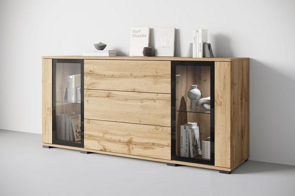 Home affaire Sideboard modernes Design mit Glaseinsätzen und 3 Schubladen, Breite 150 cm (1 St), Grifflose Fronten mit Push-to-Open, höhenverstellbare Einlegeböden