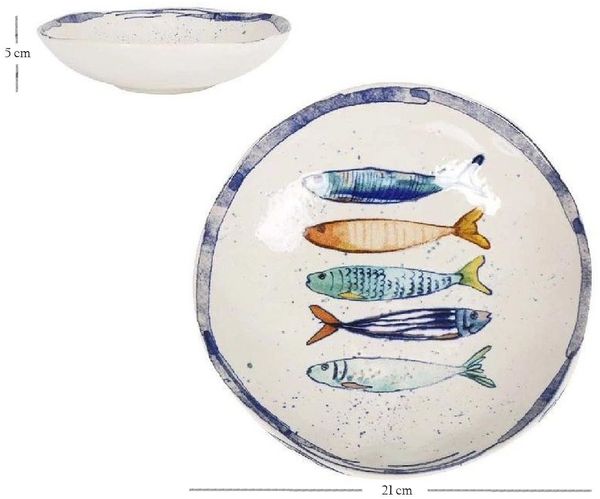 WestCraft Speiseteller Teller, mediterran mit Sardinen-Motiv, Maritime Suppenteller 21 cm, (2 St), 2er Set, hochwertig und robust - langlebig und vielseitig einsetzbar