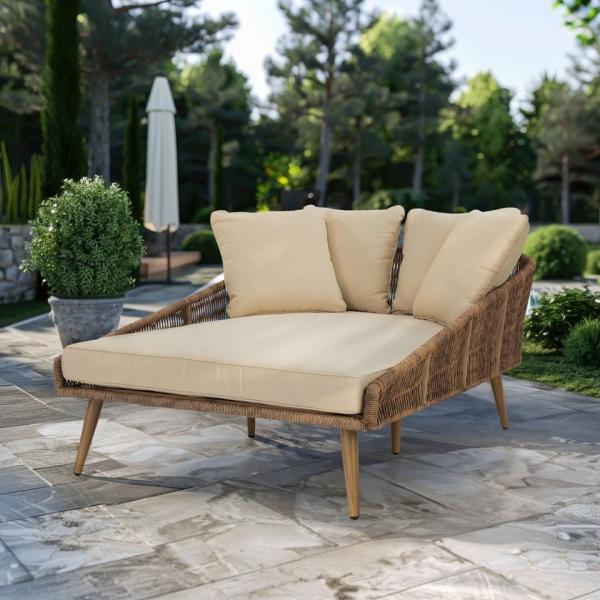Wohnando Gartenliege Gartensofa "Nia" Loungesofa, helles Rattan 114x162x71cm (BxTxH), 1 St, mit Auflage und Kissen creme beige, Gartensonnenliege, Gartenmöbel