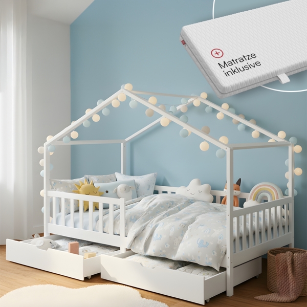 Bellabino 'Bia' Hausbett 120x200 cm mit Matratze und 2 Schubladen, weiß, Kiefer Massivholz, Montessori Kinderbett mit Stauraum, inkl. Rausfallschutz und Lattenrost
