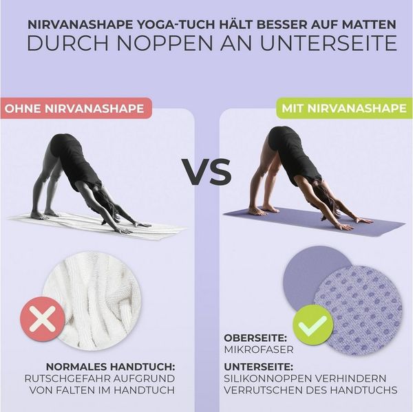 NirvanaShape Sporthandtuch Yoga Handtuch mit Antirutsch-Noppen, Yogatuch-Auflage für Yogamatte, Microfaser, +Yoga Einführungs eBook, Yogatuch-Auflage Saugstark, Hygienisch