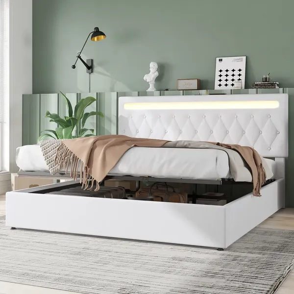 Polsterbett mit LED-Beleuchtung, 180x200 cm, gepolsterter Kopfteil, Doppelbett, Leinen