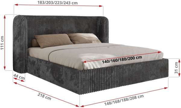 Polsterbett Bett mit Holzlattenrost Schlafzimmer Bett Doppelbett gepolstertes Kopfteil Pocket Matratze - EMORA CLASSIC - 200x200 cm - Grau Cord - VIRE LUX Bild 4