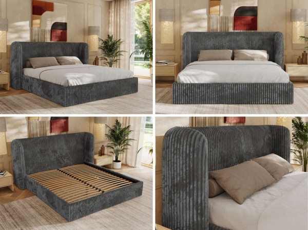 Polsterbett Bett mit Holzlattenrost Schlafzimmer Bett Doppelbett gepolstertes Kopfteil Pocket Matratze - EMORA CLASSIC - 200x200 cm - Grau Cord - VIRE LUX Bild 2