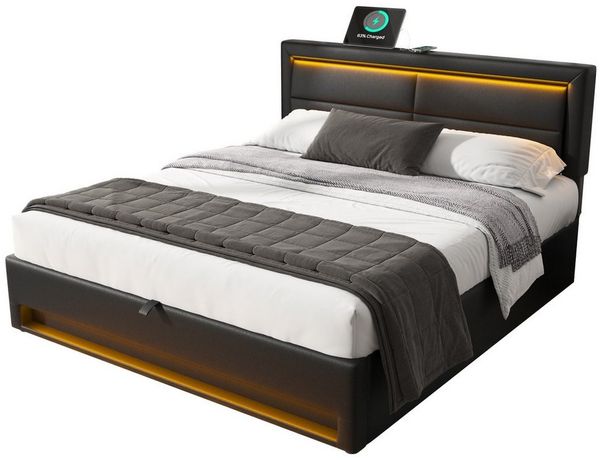 Flieks Polsterbett, LED Doppelbett 160x200cm mit USB-Anschluss und hydraulischem Stauraum