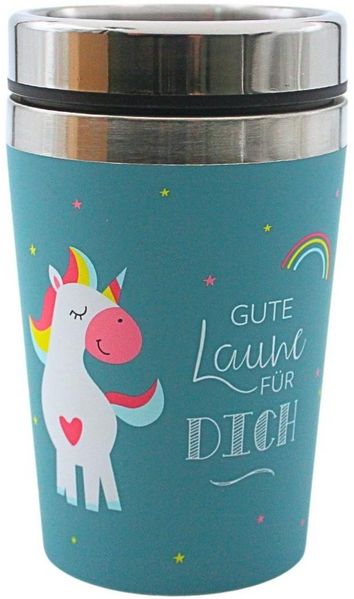 Dekohelden24 Thermobecher Thermobecher/Becher to go, Kaffeebecher, Isolierbecher, Einhorn, 1-tlg, Metall