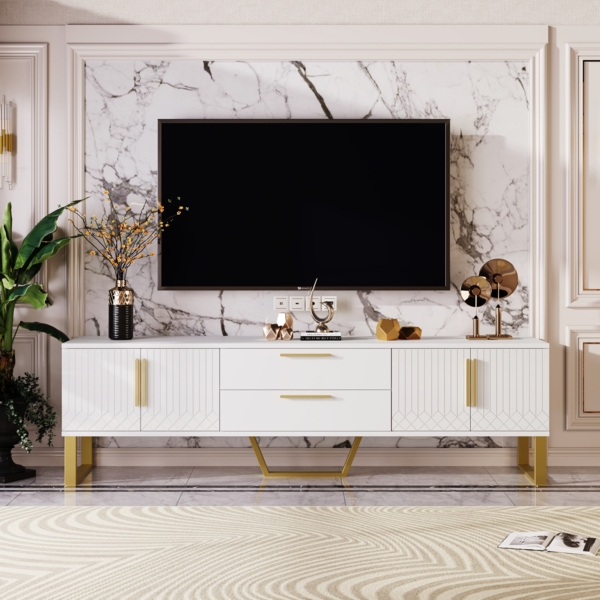 Hochglänzender TV-Schrank,170×40×53 cm,Weiß und Gold,modernes Design, viel Stauraum