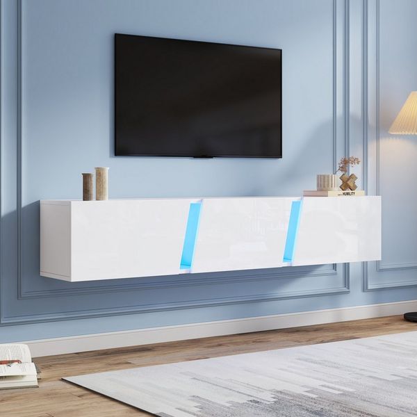 Merax TV-Schrank Hochglanz in Weiß, Hängendes Fernsehschrank (1-St, 180 x 35 x 30 cm) TV-Lowboard mit LED, Acrylakzenten und 3 Türen mit Klappfunktion