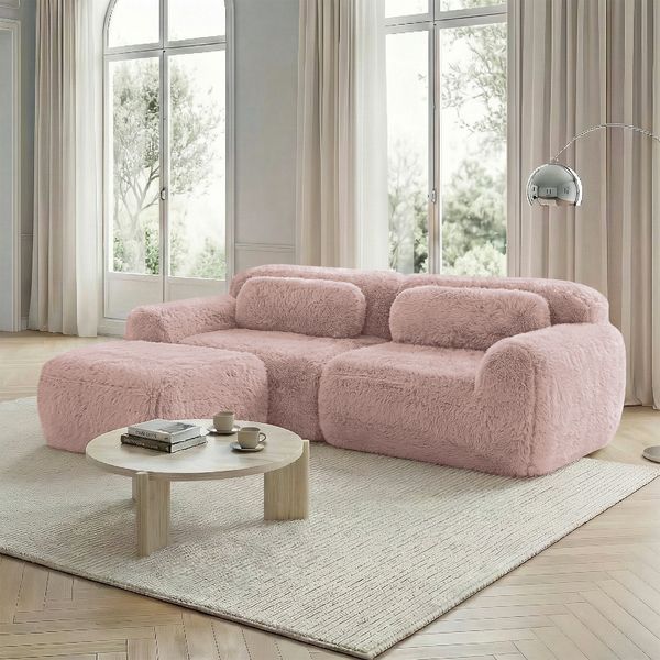 Flieks 2-Sitzer Sofa, L-förmiges Sofa, rahmenlos modular mit Ottoman & 2 Kissen, rutschfester Boden, Plüsch, Rosa