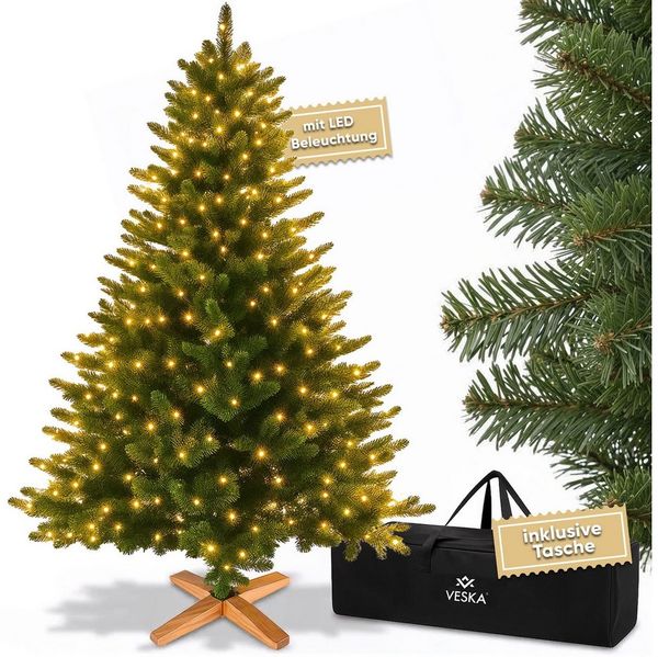 VESKA Künstlicher Weihnachtsbaum Naturgetreu mit Holzständer, Tannenbaum 140cm / 180 cm, Nordmanntanne, dichte Zweige, mit Aufbewahrungstasche, LED Beleuchtung