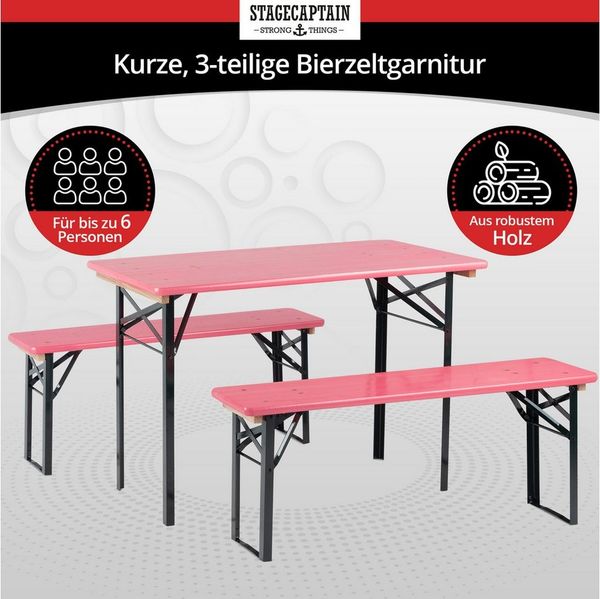 Stagecaptain Bierzeltgarnitur Hirschgarten BB-117 Sitzgarnitur 117 cm Länge, (Stehtisch Holz, 3-tlg, 2 x Bank, 1 x Tisch), Sitzmöbelset für Balkon Outdoor & Indoor, klappbar
