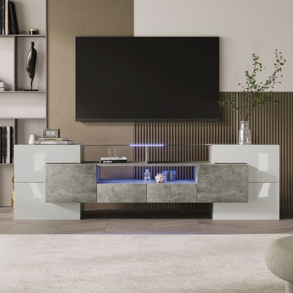 TV-Schrank 200 x 35 x 60 cm in Hochglanzweiß und Betonoptik, mit LED-Beleuchtung