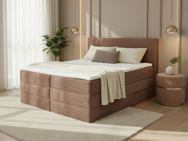 Boxspringbett Mollo XL mit 2 Bettkästen und Topper, mit Taschenfederkern- und Bonellfederkernmatratze, Doppelbett, Polsterbett aus Cordstoff mit Stauraum (Braun (Tilia 17), 160 x 200 cm)