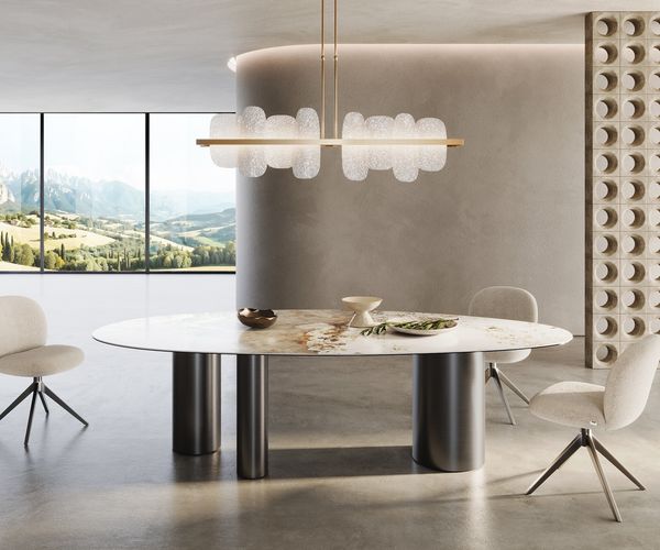 Esstisch Edge Oval 280x130 Keramik Minas Melange Weiß-Beige Troa Edelstahl Graphit