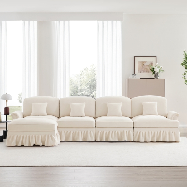 Modulares L-förmiges Sofa 4-Sitzer, tiefer bequemer Sitz beweglicher Hocker abnehmbare Rüschenschürze Trichter-Armlehnen, Chenille, Weiß,