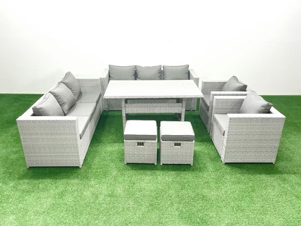 Fimous Rattan Gartenmöbel-Set Outdoor 8 Sitzer mit Esstisch 2 Sesseln 2 kleine Fußhockern Hellgrau gemischt